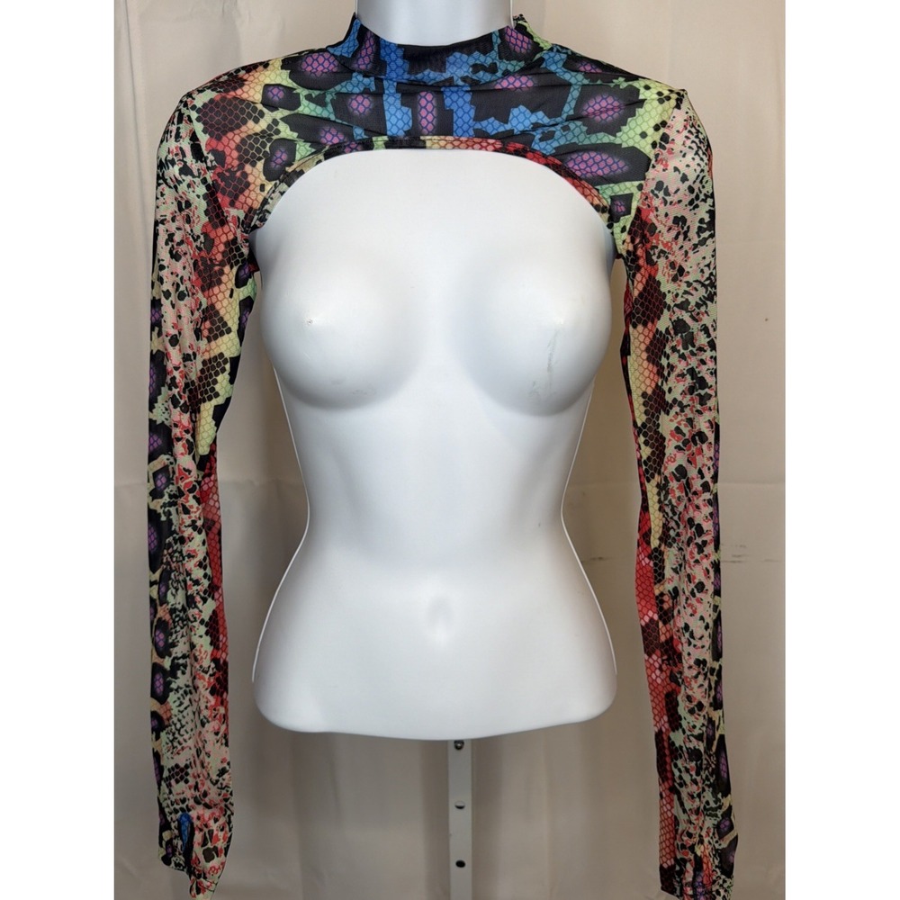 Y2K Snake Print Rave Super Shrug Top Mesh Long Sleeve SMALL NEW